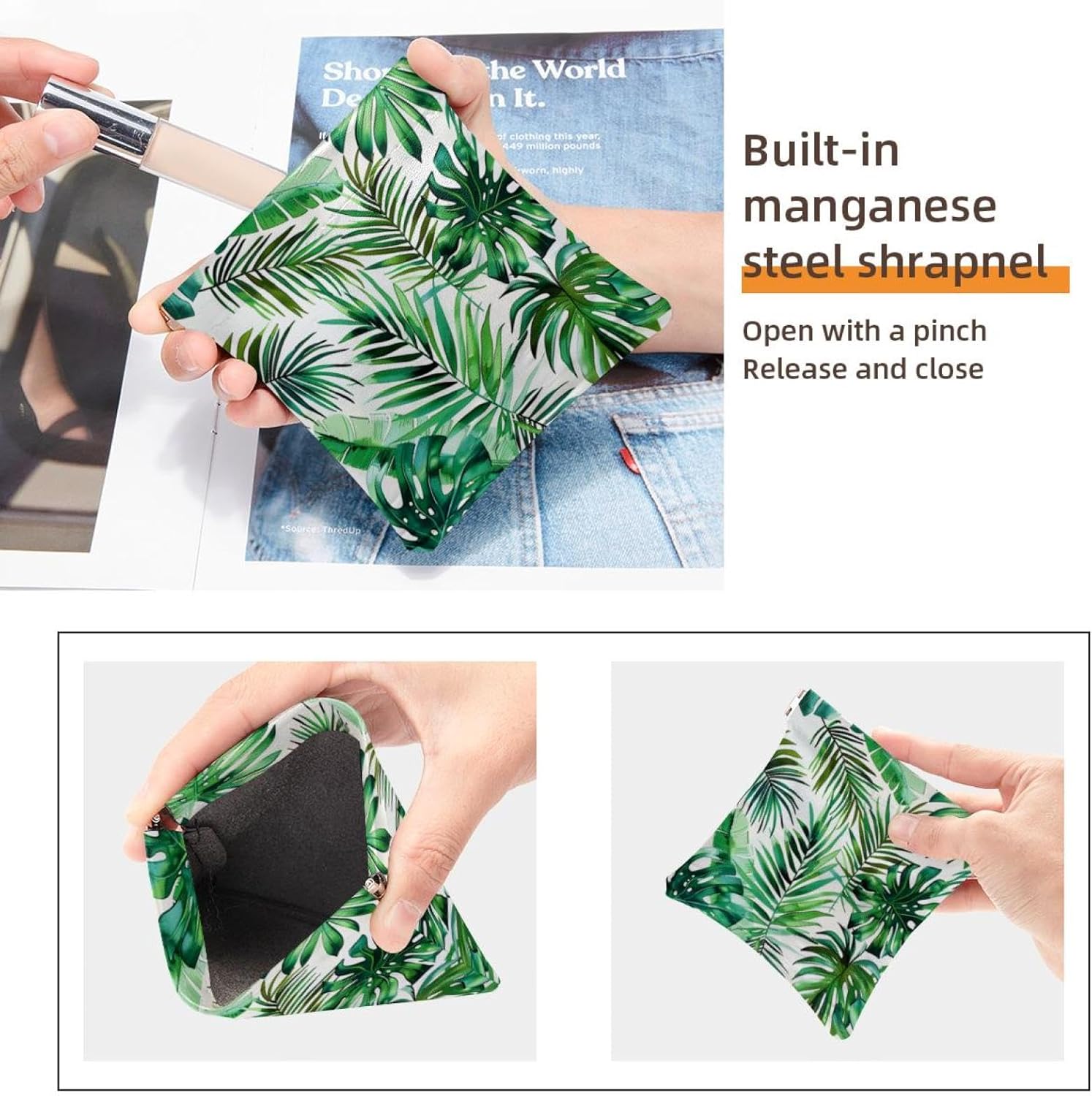 2 Pcs Faux Leather Travel Makeup Bag, Green Palm Leaf Design - Image 3