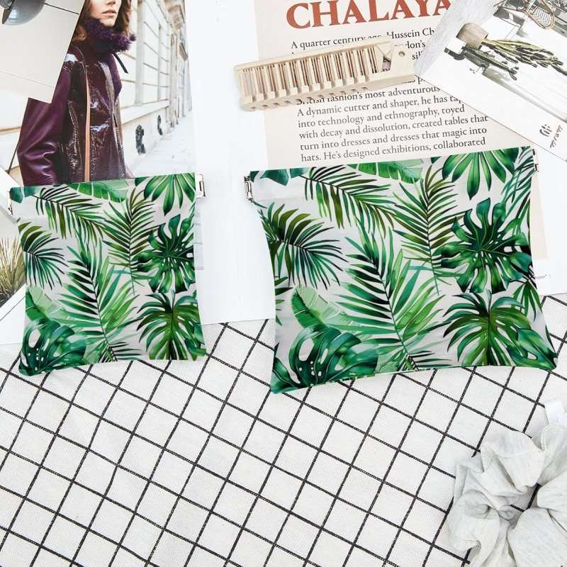 2 Pcs Faux Leather Travel Makeup Bag, Green Palm Leaf Design - Image 6