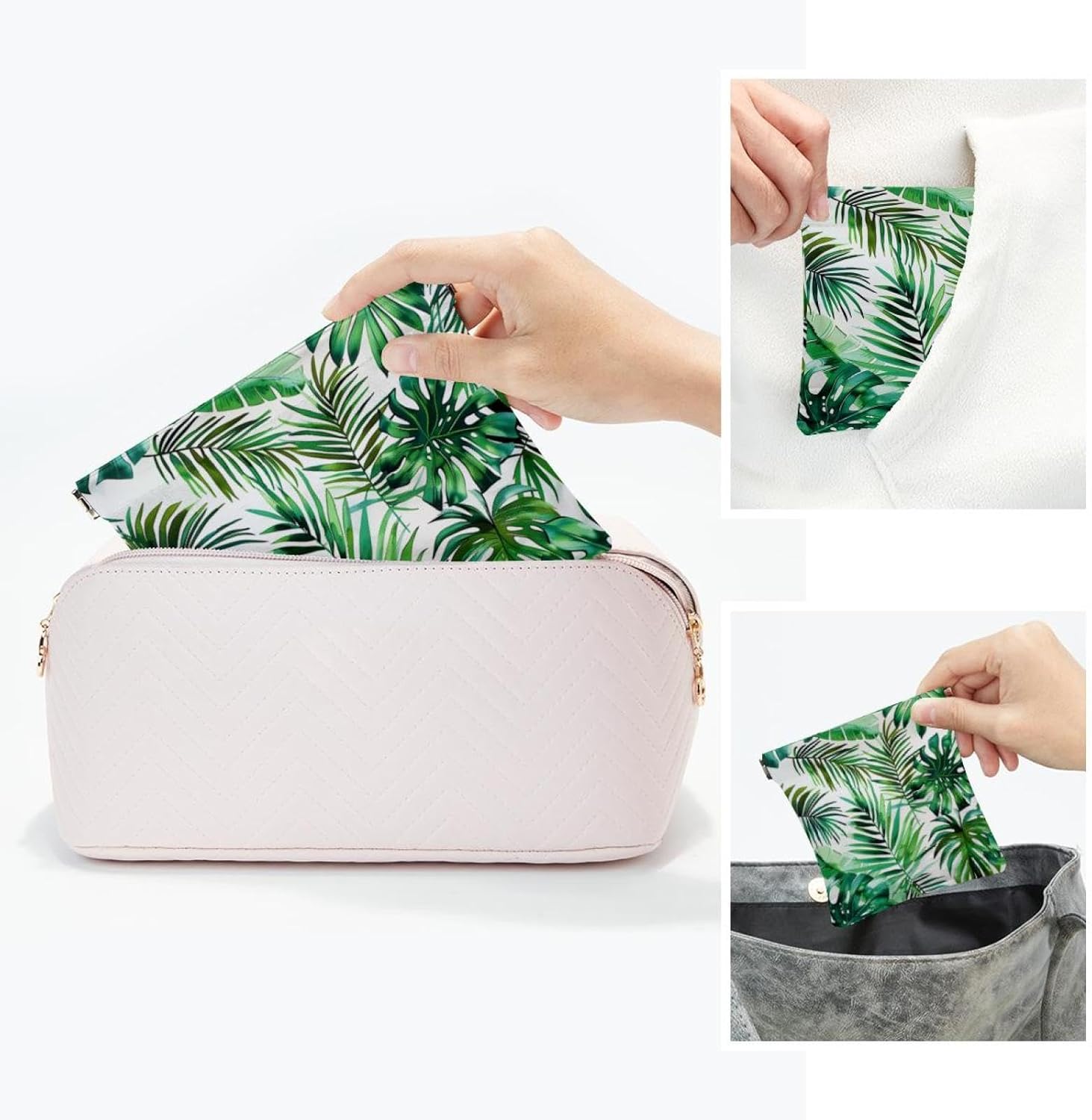 2 Pcs Faux Leather Travel Makeup Bag, Green Palm Leaf Design - Image 5