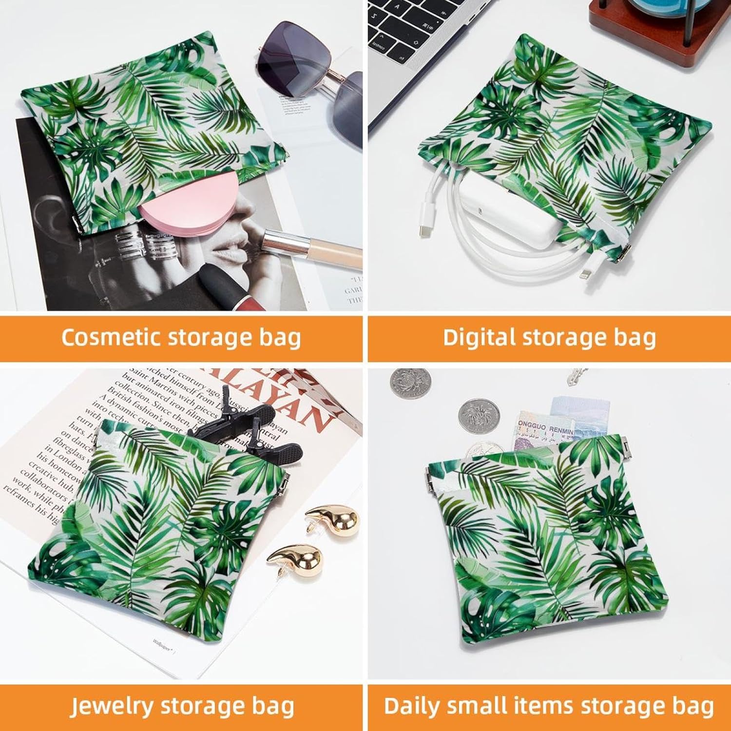 2 Pcs Faux Leather Travel Makeup Bag, Green Palm Leaf Design - Image 4