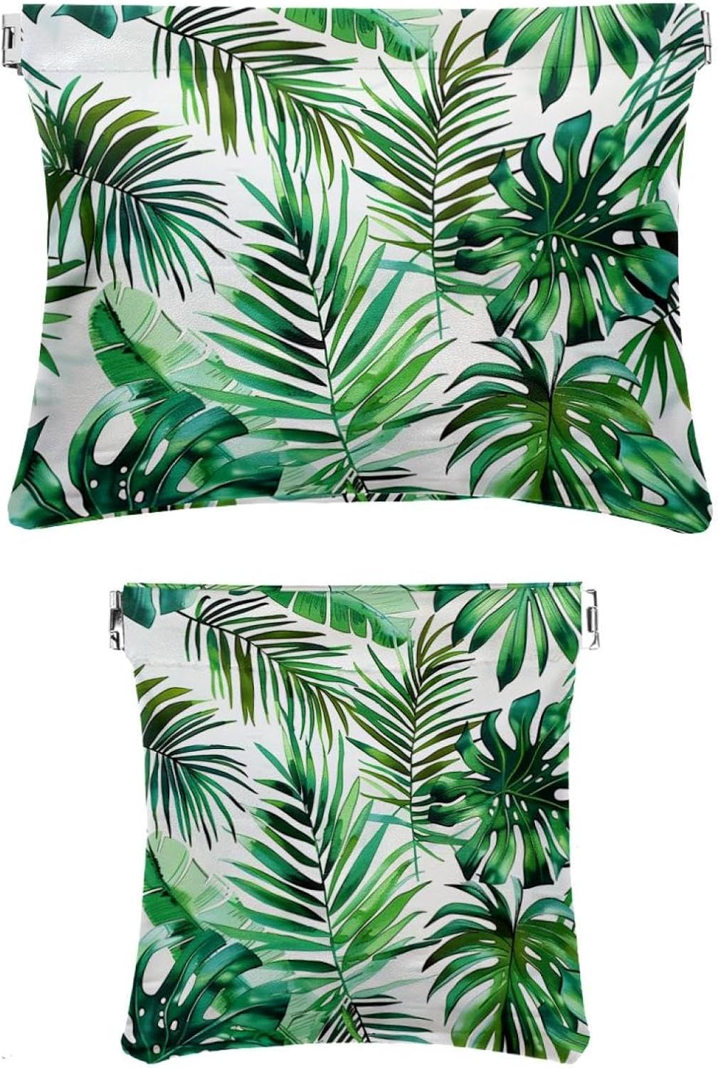 2 Pcs Faux Leather Travel Makeup Bag, Green Palm Leaf Design