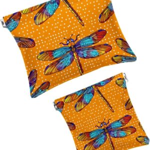 2 Pcs Mini Faux Leather Cosmetic Bags, Orange Polka Dot Dragonfly