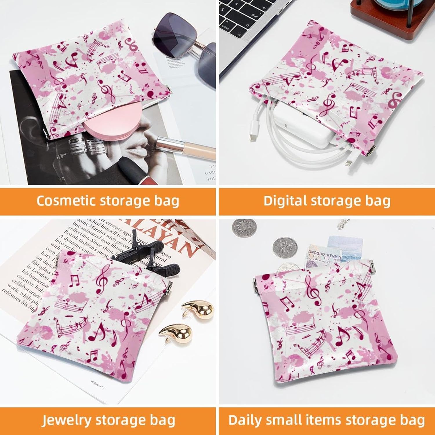 2 Pcs Mini Faux Leather Cosmetic Bags, Travel Storage Pouch for Women, Purple Pink - Image 4