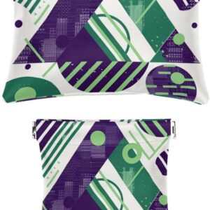 2 Pcs Mini Faux Leather Travel Makeup Bag, Purple Green Geometric Stripes