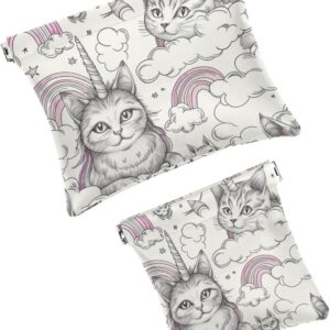 2 Pcs Mini Faux Leather Travel Makeup Bags for Women, Unicorn Cat Design