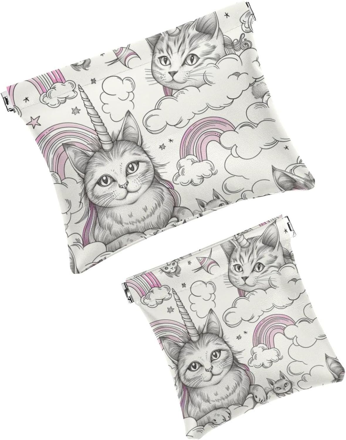 2 Pcs Mini Faux Leather Travel Makeup Bags for Women, Unicorn Cat Design