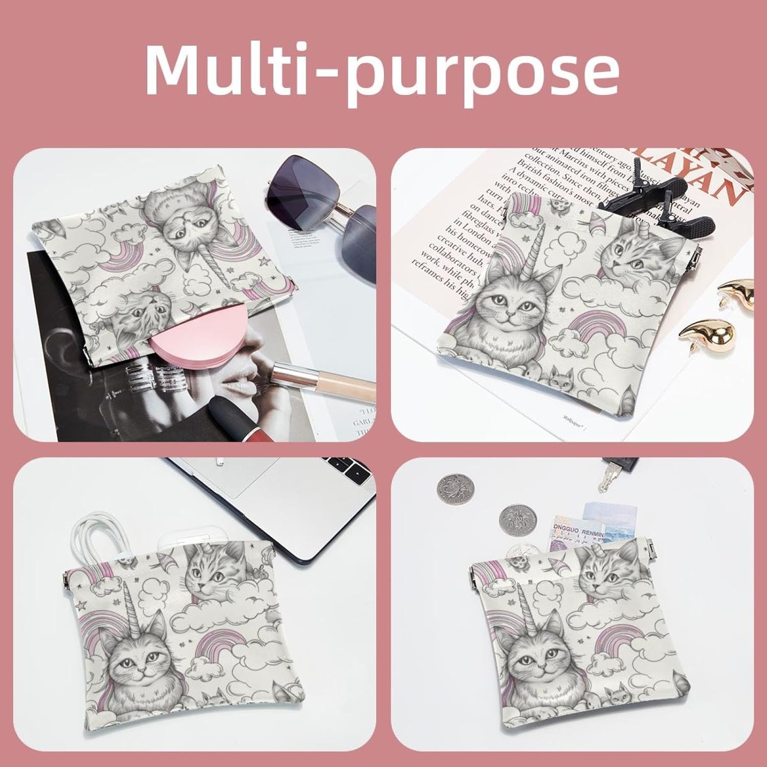 2 Pcs Mini Faux Leather Travel Makeup Bags for Women, Unicorn Cat Design - Image 5