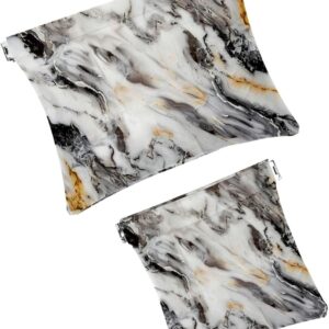 2 Pcs Mini Makeup Bag, Faux Leather Travel Kit, Gray Marble Texture