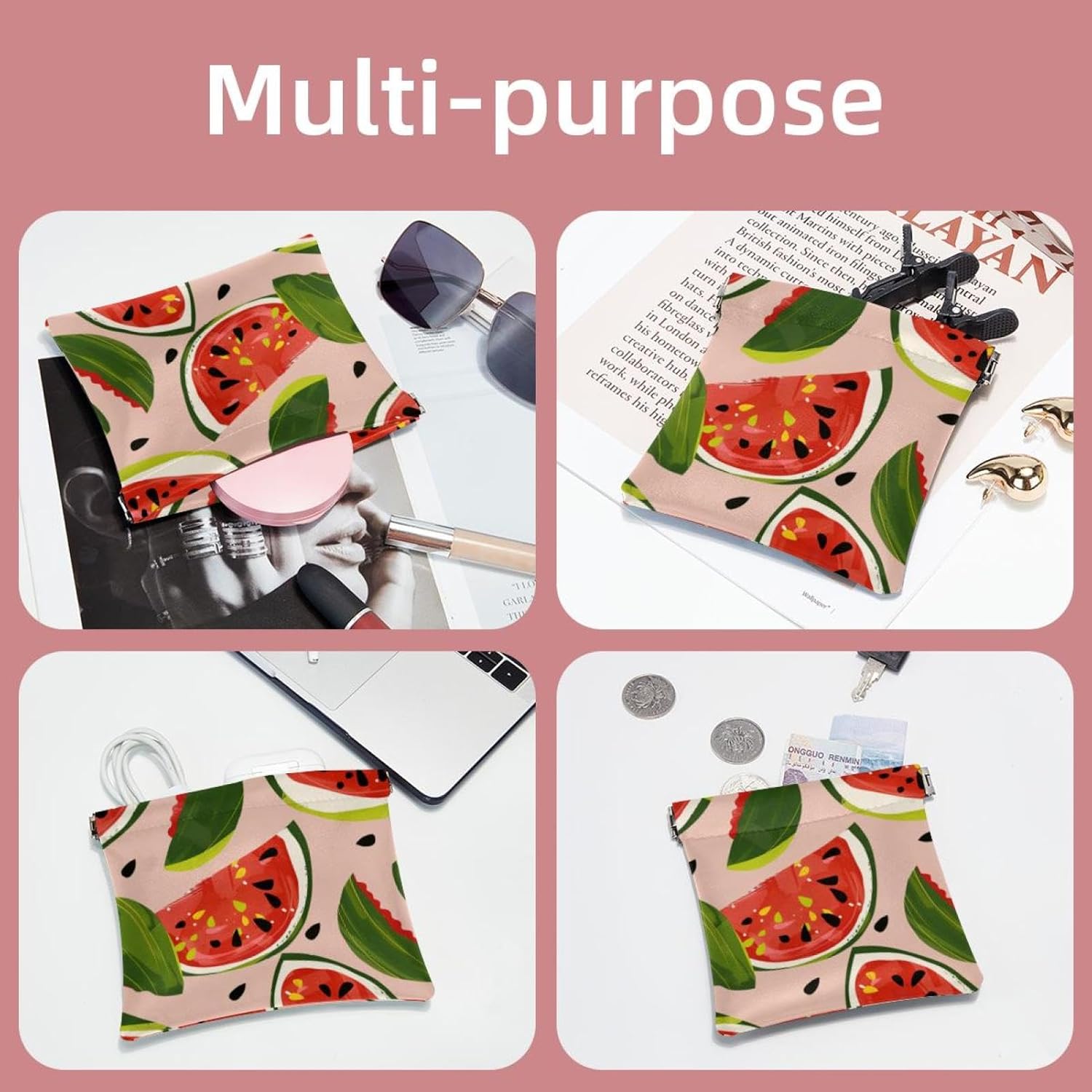 2-Piece Faux Leather Mini Makeup Pouch Set - Watermelon Pink Travel Kit - Image 5