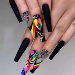 24 Pcs Glossy Black Music Note Press-On Coffin Nails with Glue for Women