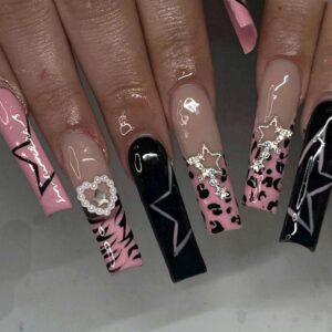 24 Pcs Pink French Tip Press-On Nails with Charms - Y2K Style