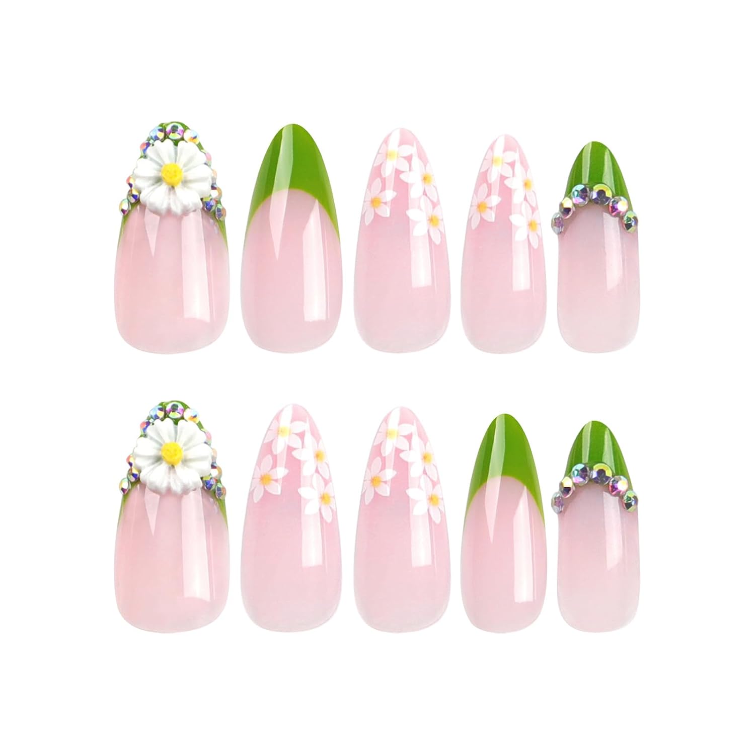 24Pcs Medium Long Almond Press-On Nails with Green French Mountain Peak Design - Image 5