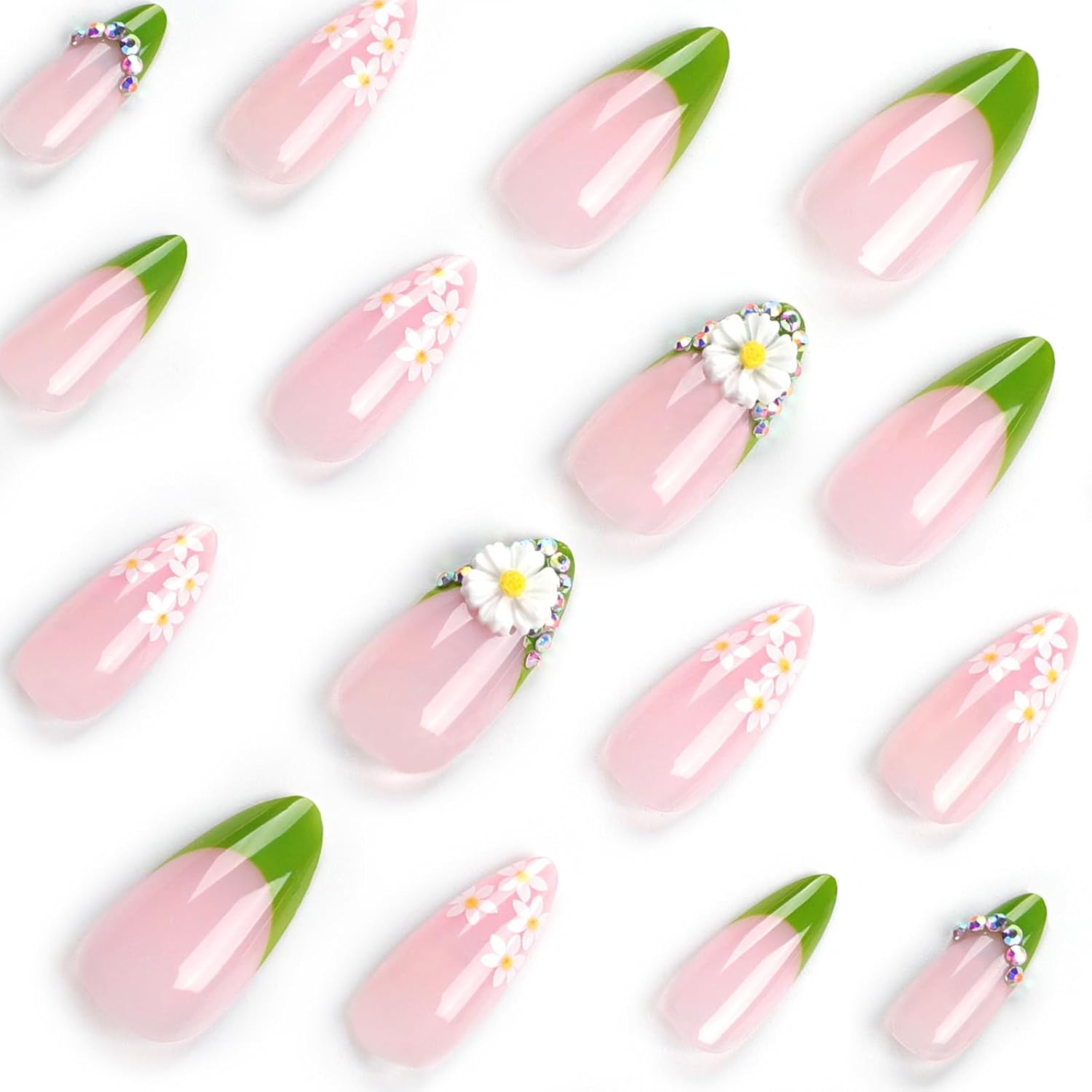 24Pcs Medium Long Almond Press-On Nails with Green French Mountain Peak Design - Image 4