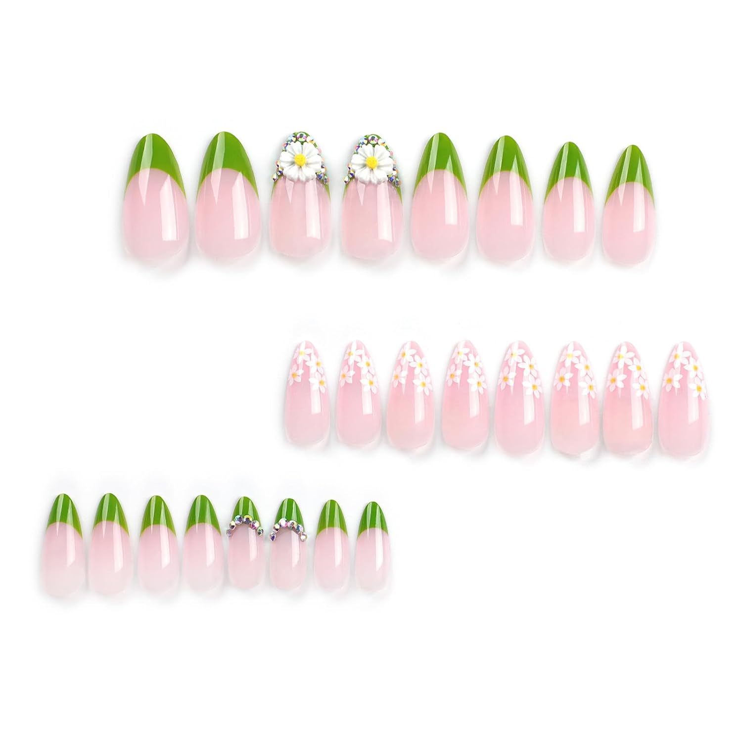 24Pcs Medium Long Almond Press-On Nails with Green French Mountain Peak Design - Image 3