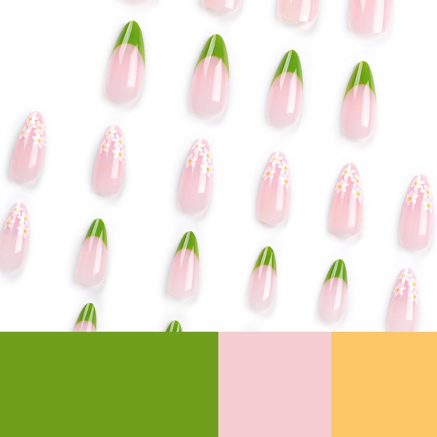 24Pcs Medium Long Almond Press-On Nails with Green French Mountain Peak Design - Image 2