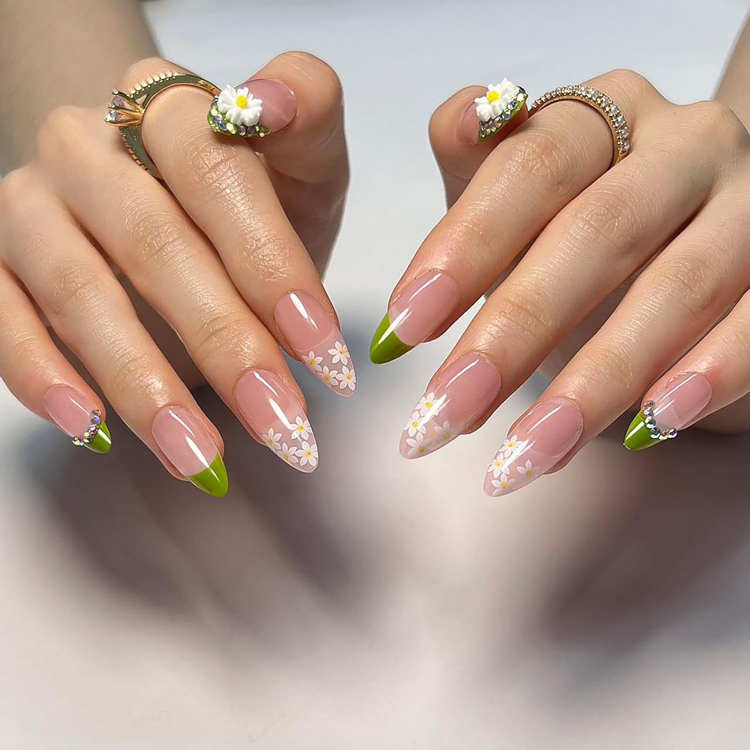 24Pcs Medium Long Almond Press-On Nails with Green French Mountain Peak Design
