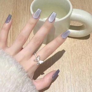 24PCS Medium Long Coffin Press-On Nails: Haze Blue Purple Glitter, Matte, Cat Eye