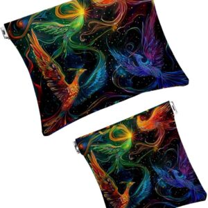 2Pcs Faux Leather Mini Makeup Pouch, Self-Closing Travel Kit, Phoenix Galaxy