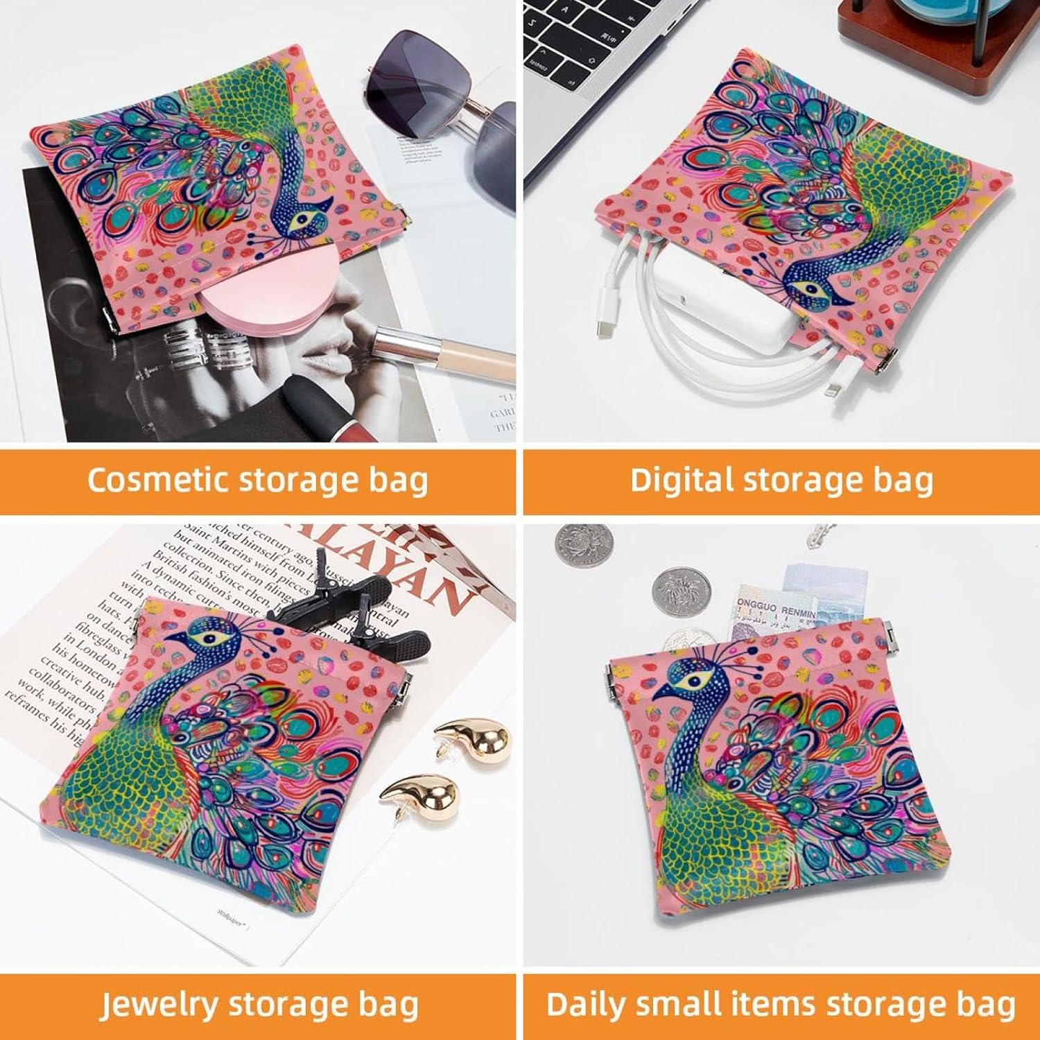 2Pcs Mini Faux Leather Cosmetic Bags with Peacock Art for Travel - Image 4