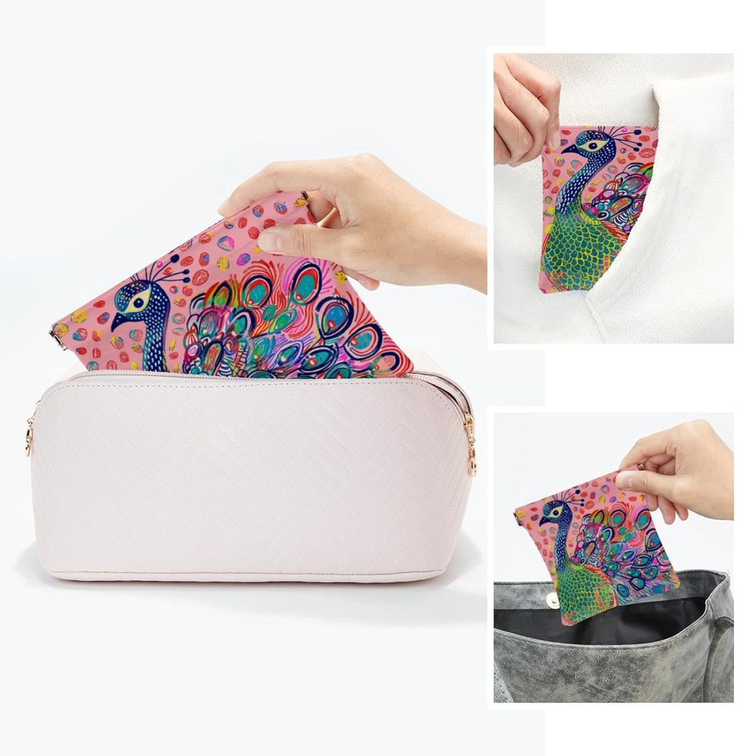 2Pcs Mini Faux Leather Cosmetic Bags with Peacock Art for Travel - Image 5