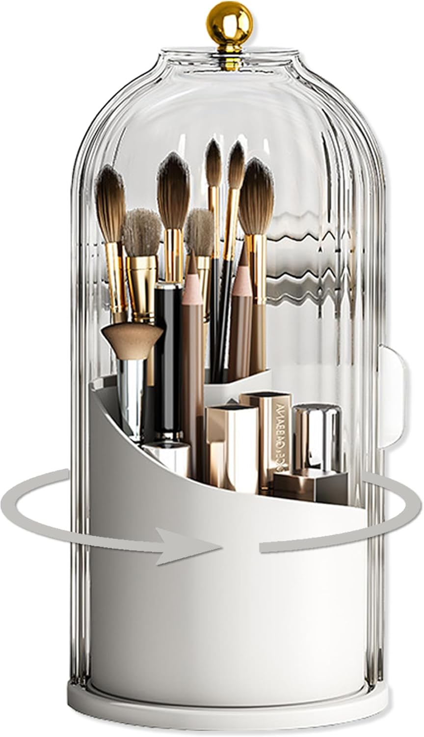 360° Rotating Dustproof Makeup Brush Holder with Lid for Vanity & Bathroom