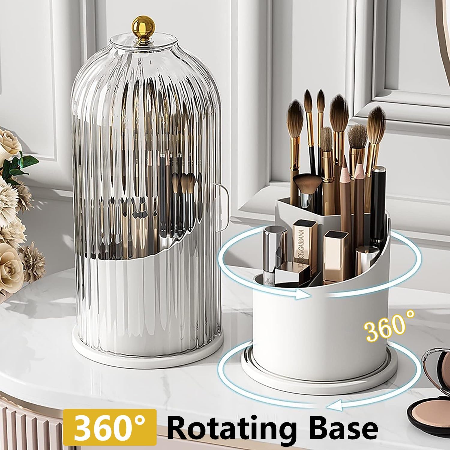 360° Rotating Dustproof Makeup Brush Holder with Lid for Vanity & Bathroom - Image 3