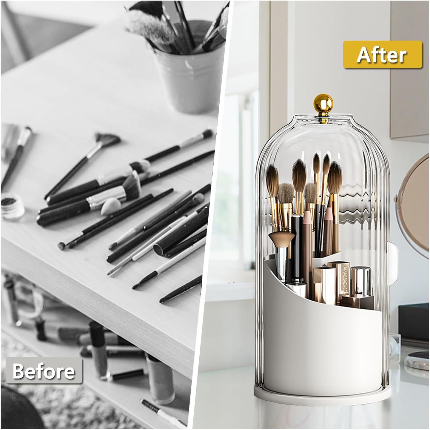 360° Rotating Dustproof Makeup Brush Holder with Lid for Vanity & Bathroom - Image 5