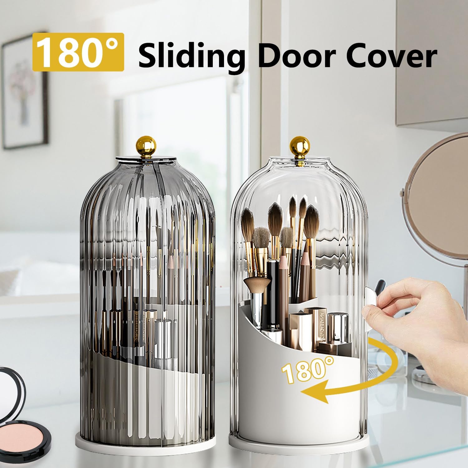 360° Rotating Dustproof Makeup Brush Holder with Lid for Vanity & Bathroom - Image 2