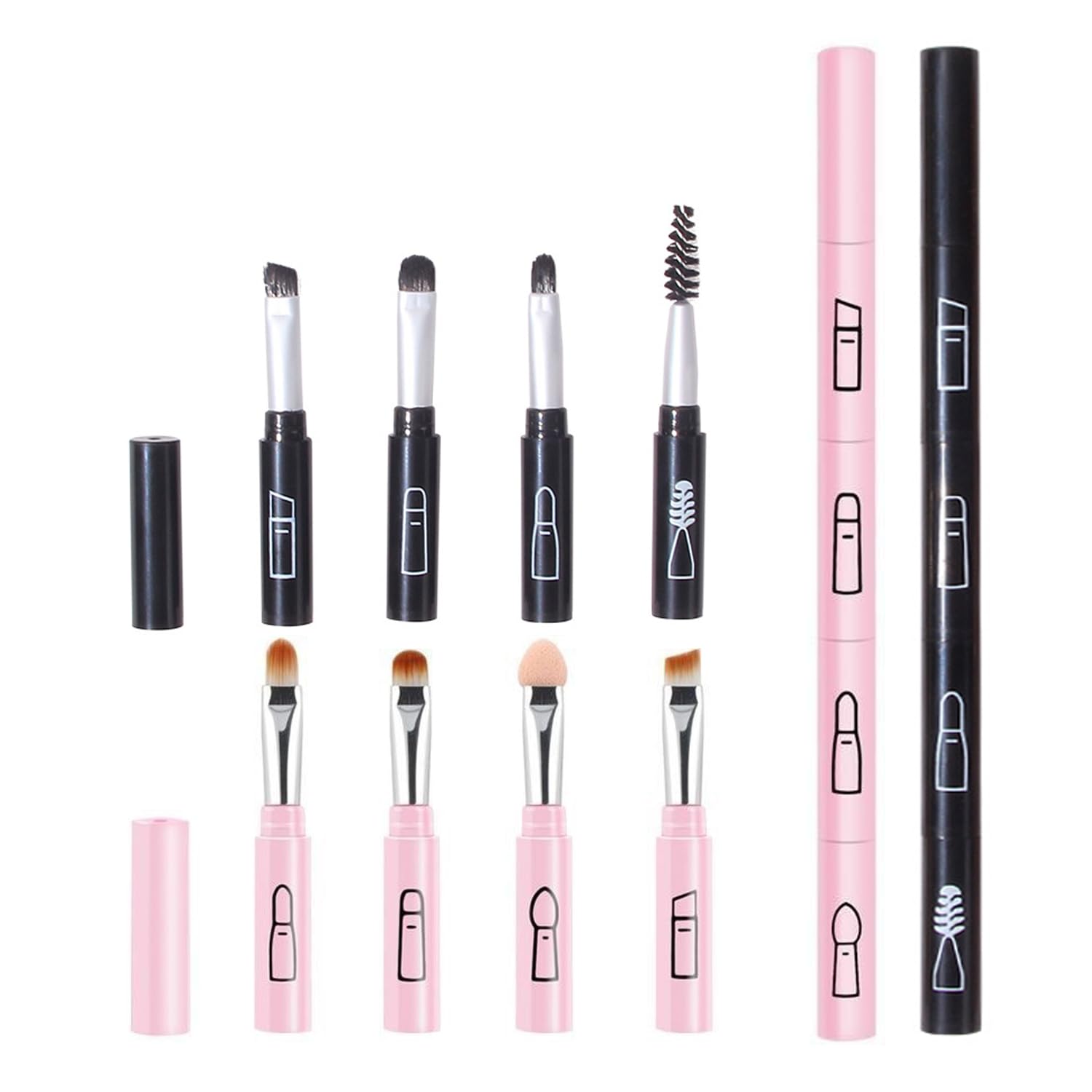 4-in-1 Portable Makeup Brush Set: Eyeshadow, Eyebrow, Lip & Screw Brush (Black/Pink)