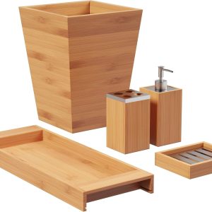 5-Piece Bathroom Decor Set - Bamboo Vanity Accessories with Trash Bin, Soap Dish, Soap Dispenser, Toothbrush Holder, and Tray by Lavish Home (Natural)