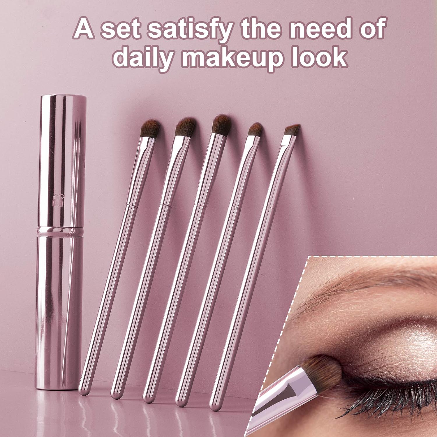 5Pcs Eyeshadow Brush Set, Portable Eye brushes, Premium Eye Makeup Brush, Eyeliner Brush, Angled Brush by YUESHENNAN (pink). - Image 5
