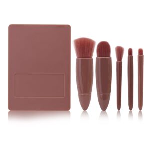 5Pcs Portable Makeup Brush Set with Mirror, Case, Lightweight for Daily Use (Nude)