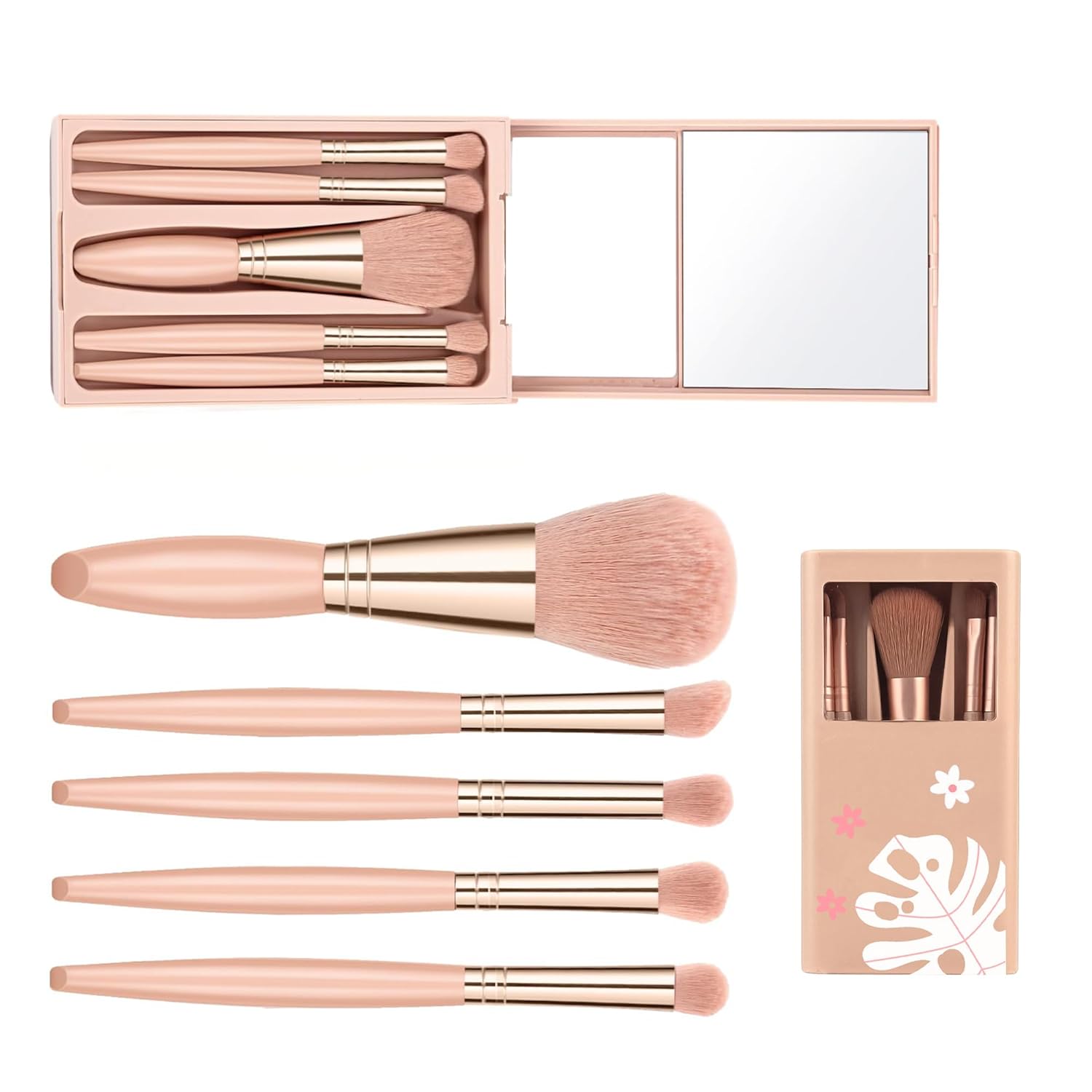 5pcs Portable Makeup Brush Set with Storage Box and Mirror for Travel