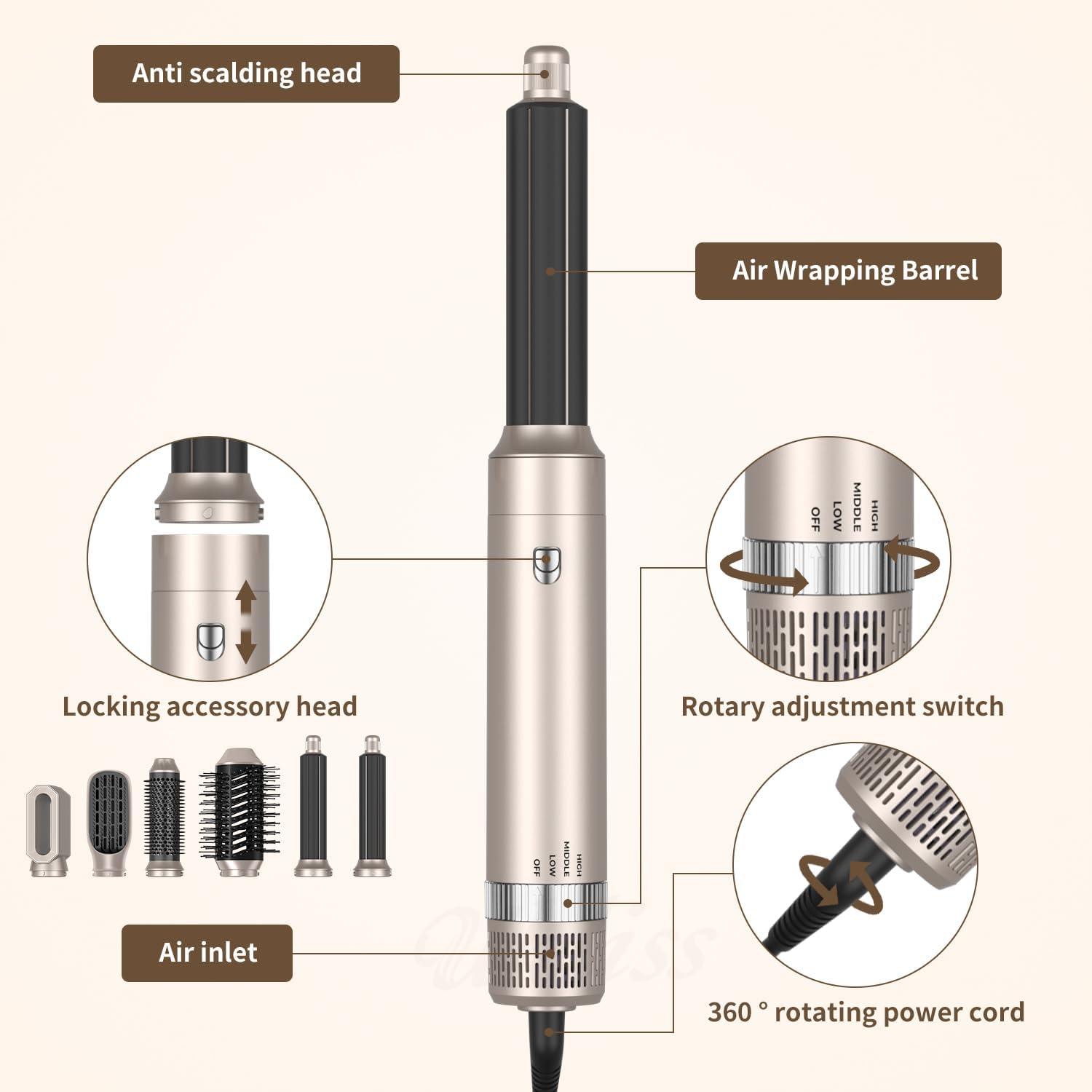 6 in 1 Gold Multifunction Air Styler & Hair Dryer Brush - Image 7