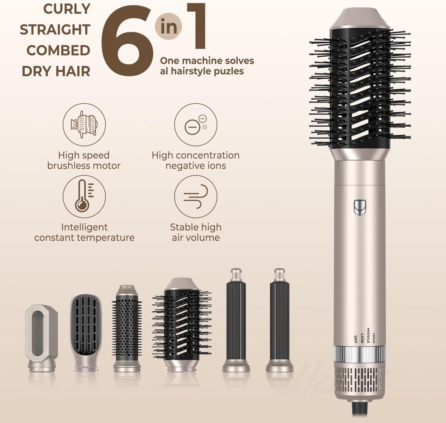 6 in 1 Gold Multifunction Air Styler & Hair Dryer Brush - Image 5