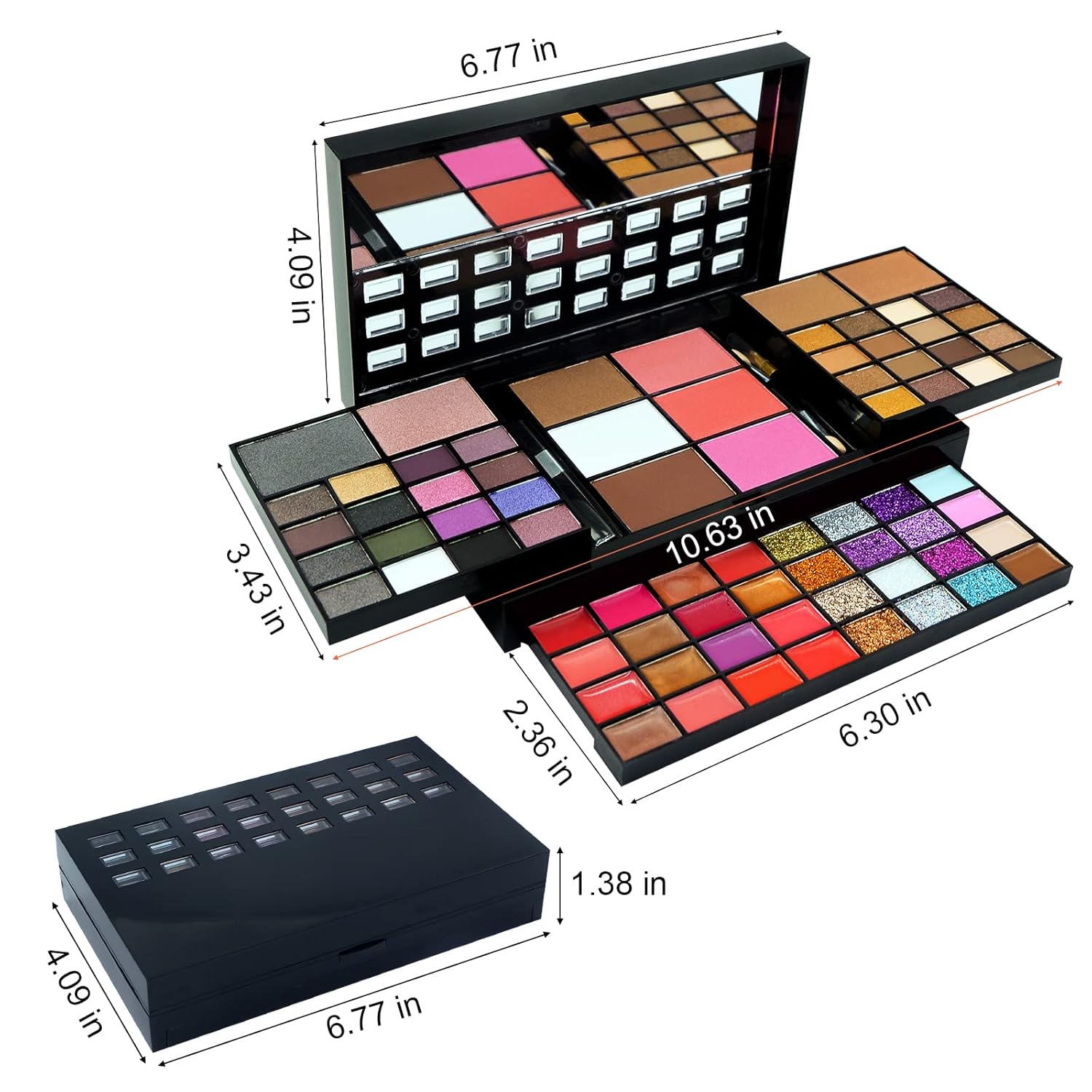 74-Color Makeup Kit: 36 Eyeshadows, 28 Lip Glosses, Blush, Contour, Brushes & Mirror - Image 3