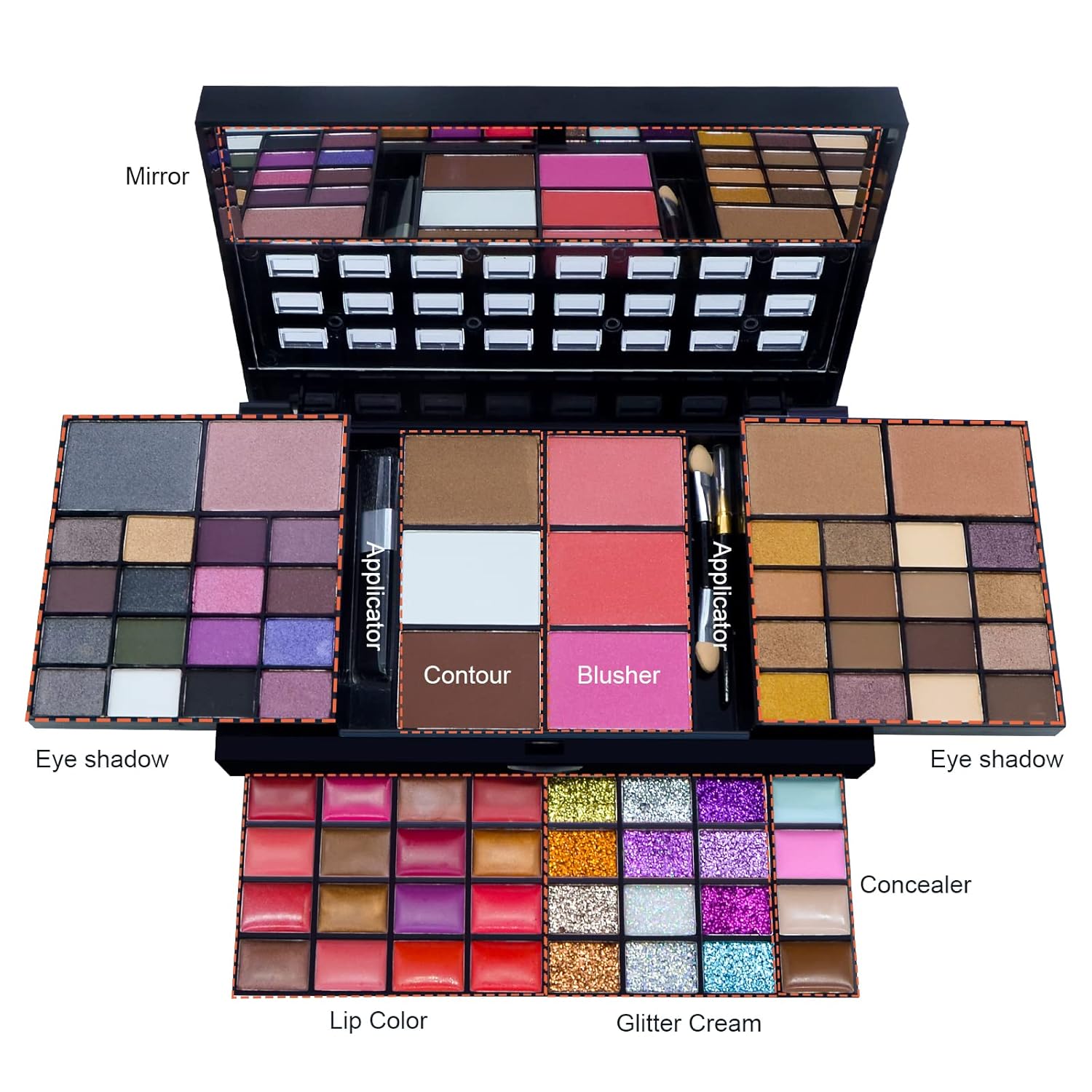 74-Color Makeup Kit: 36 Eyeshadows, 28 Lip Glosses, Blush, Contour, Brushes & Mirror - Image 2