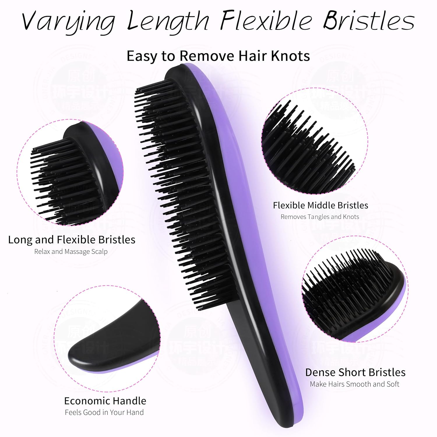 79STYLE 3pcs Detangler Brush Tangle Free Hair Brushes For Kids Knot Free No Pain Detangling Kids Hair Brush Combs For Curly Fine Hair (Size 7.4 Inch -Purple) - Image 4
