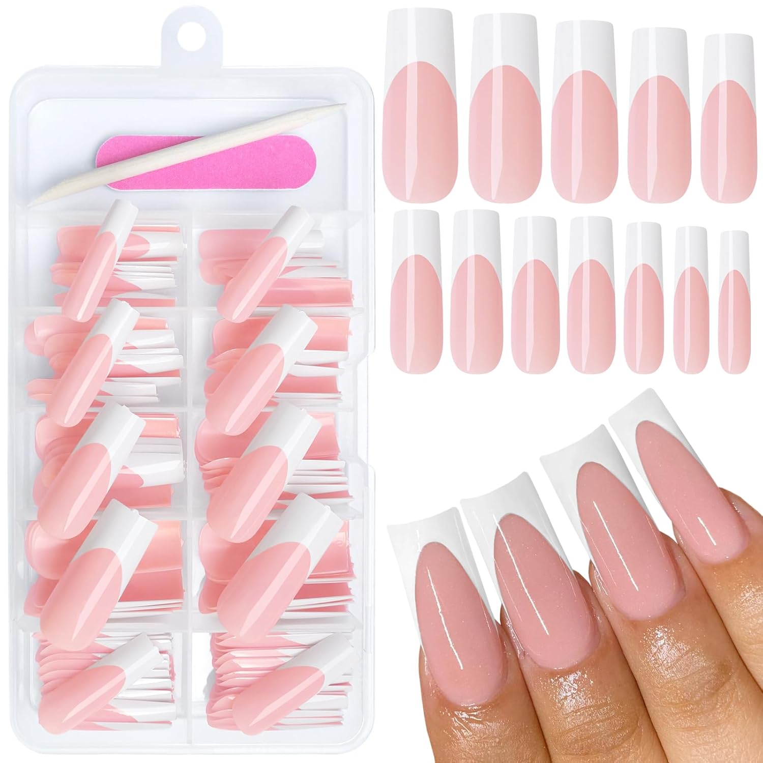 AddFavor 120pcs XL White French Tip Press-On Nails with Adhesive Tabs