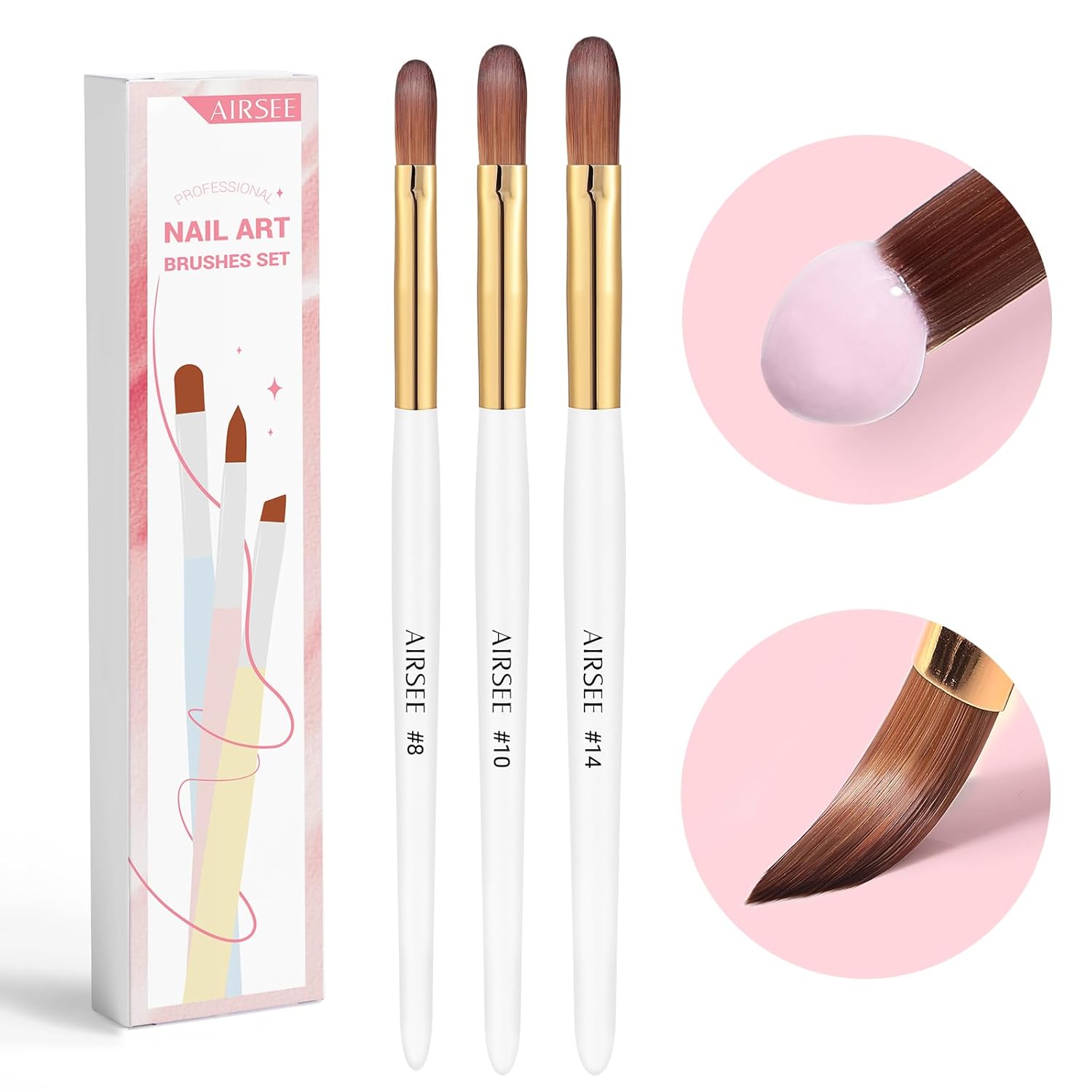 AIRSEE 3PCS Acrylic Nail Brush Set, Sizes 8/10/14 for Beginners & Professionals