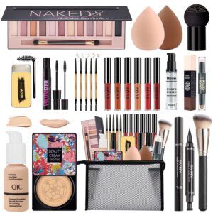 Complete Women's Makeup Kit with 12 Eyeshadows, Foundation, Primer, CC Cream, Lipsticks, Mascara, Brushes, Sponge, Brow Pencil, Eyeliner, Contour Stick and Cosmetic Bag