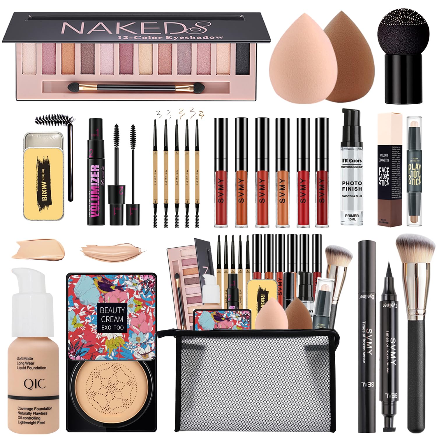 Complete Women's Makeup Kit with 12 Eyeshadows, Foundation, Primer, CC Cream, Lipsticks, Mascara, Brushes, Sponge, Brow Pencil, Eyeliner, Contour Stick and Cosmetic Bag