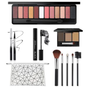 All-in-One Makeup Kit with 12 Eyeshadows, Mascara, Eyeliner, Brushes & Bag