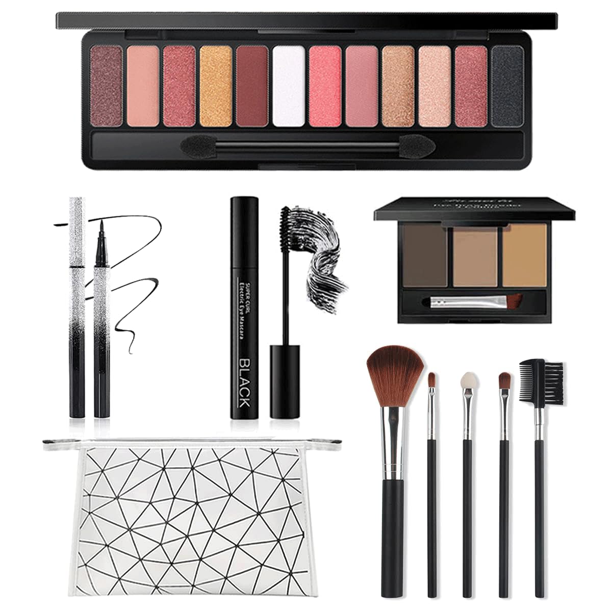 All-in-One Makeup Kit with 12 Eyeshadows, Mascara, Eyeliner, Brushes & Bag