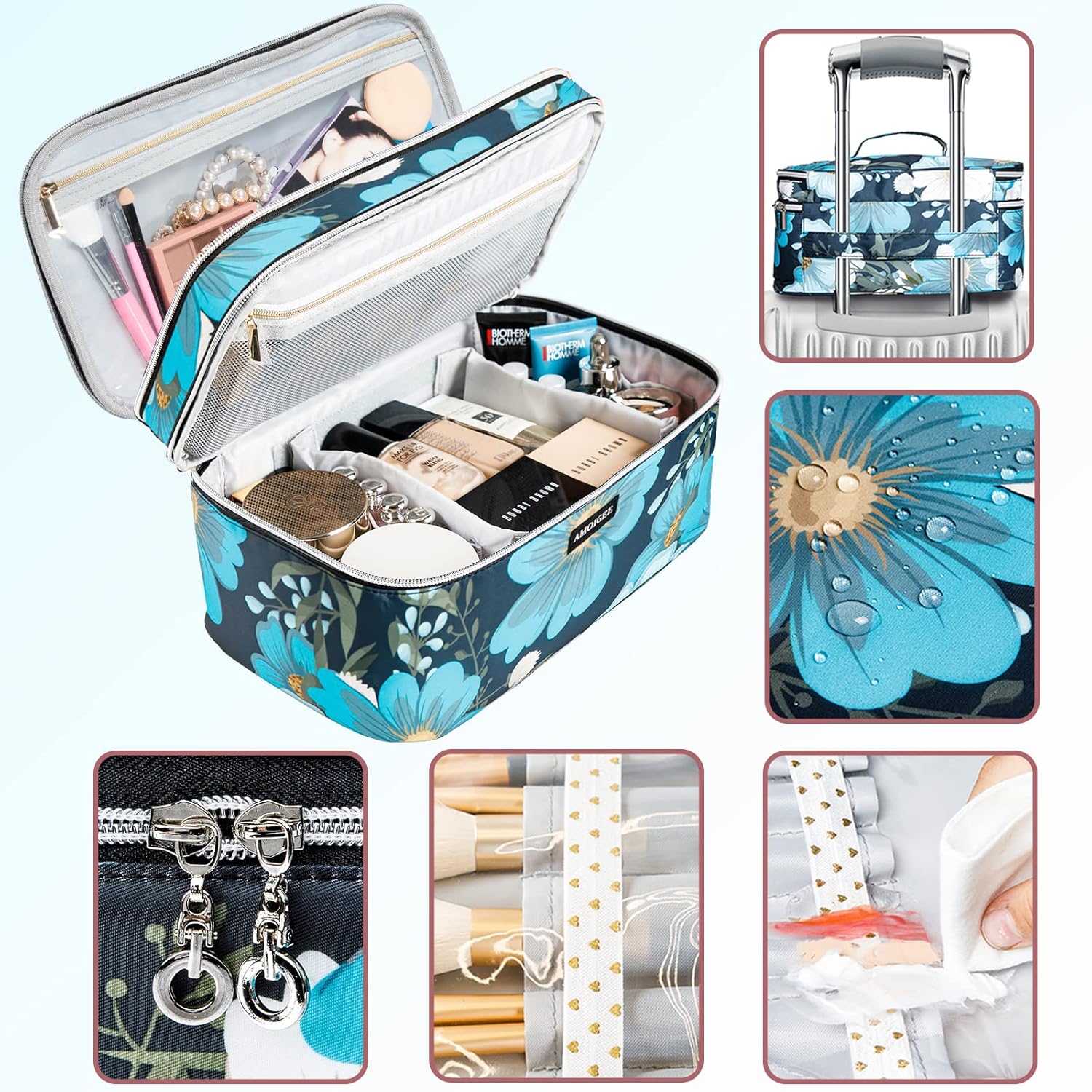 AMOIGEE Double Layer Makeup Train Case - Organizer for Brushes, Palettes, and Cosmetics - Image 5