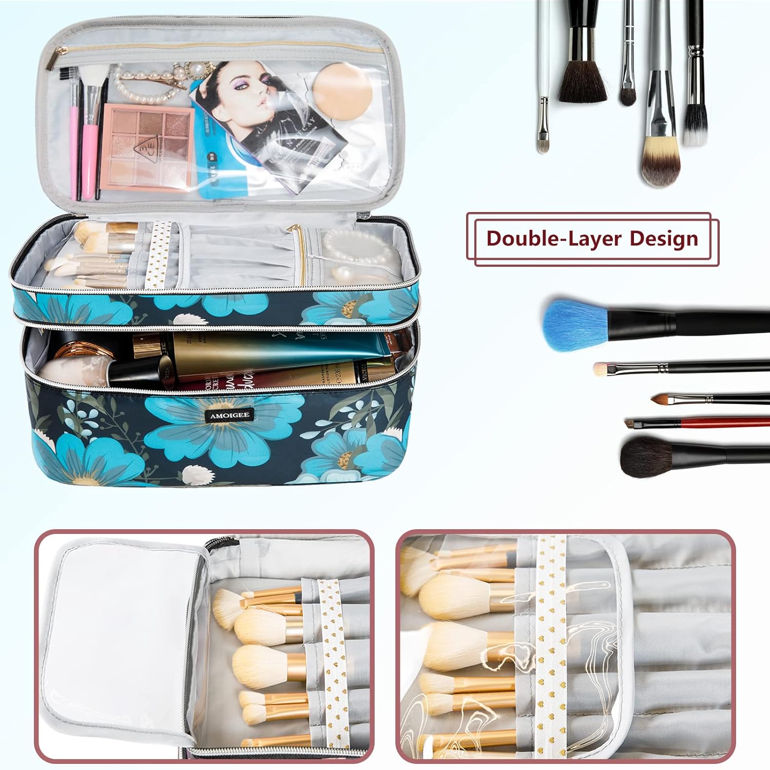AMOIGEE Double Layer Makeup Train Case - Organizer for Brushes, Palettes, and Cosmetics - Image 4