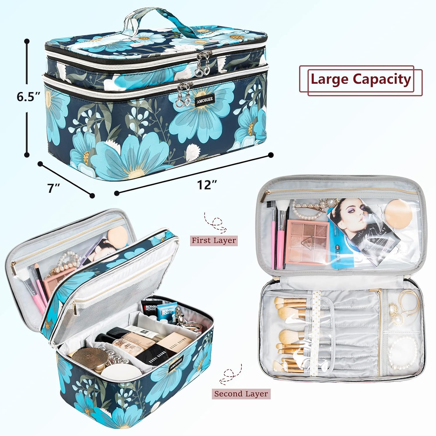 AMOIGEE Double Layer Makeup Train Case - Organizer for Brushes, Palettes, and Cosmetics - Image 2