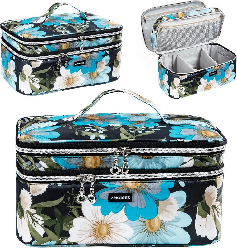 AMOIGEE Double Layer Makeup Train Case - Organizer for Brushes, Palettes, and Cosmetics