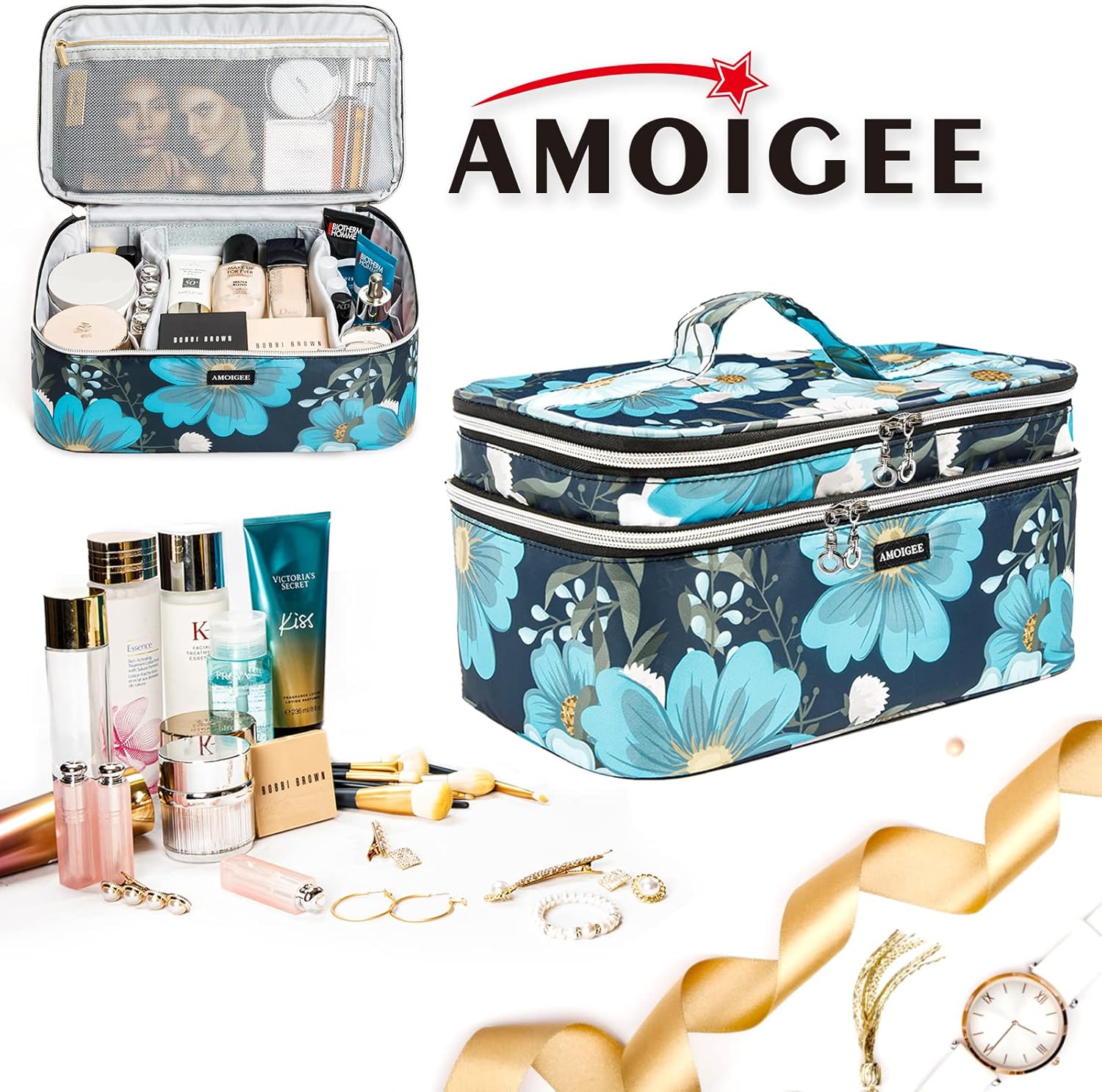 AMOIGEE Double Layer Makeup Train Case - Organizer for Brushes, Palettes, and Cosmetics - Image 6
