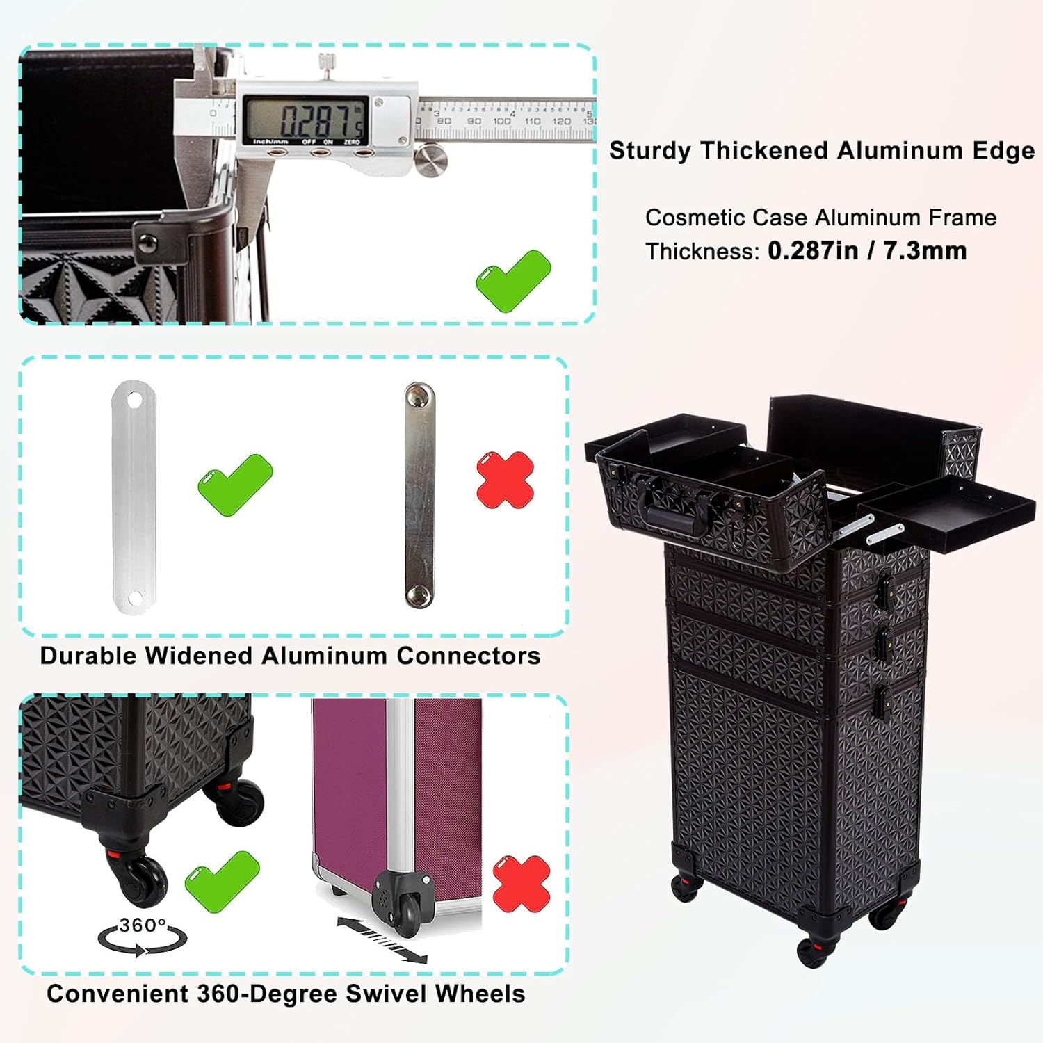 AROUS 5 in 1 Professional Makeup Train Case Aluminum Cosmetic Case Rolling Makeup Case Extra Large Trolley Makeup Travel Organizer, with 360° Swivel Wheels,Black - Image 7